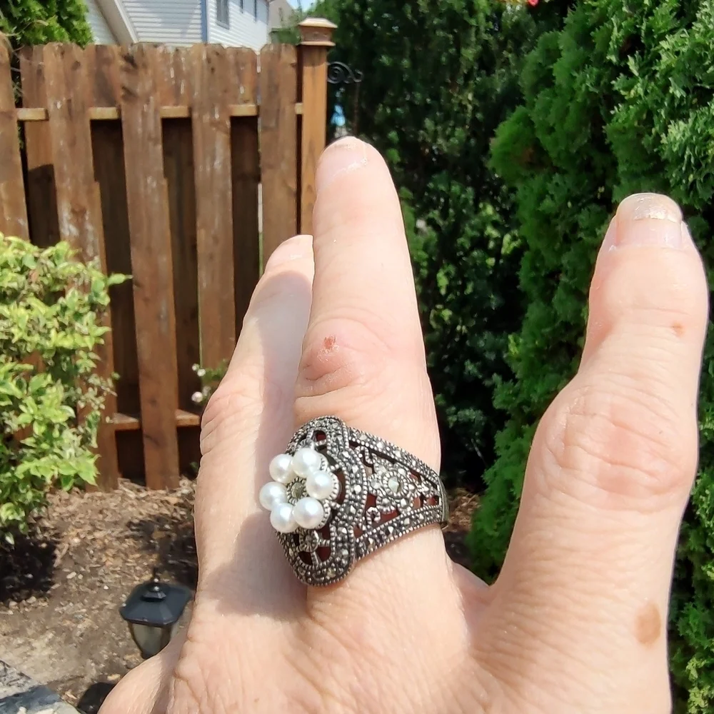 Judith Jack Ring Sterling Silver Marcasite Faux Pearls Size 7!